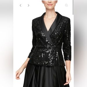 NWT,Alex evenings Sequin lace Blouse with Satin Collar & Peplum Waist Detail